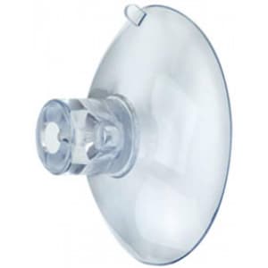 May include: A clear plastic suction cup with a round base and a small, clear plastic knob on the top. The suction cup is designed for hanging items.
