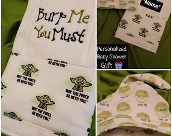 Burp Cloth Star Wars Baby YODA Fabric Theme Trim Personalization Avail! Infant Baby Hats Too! Cute BaBy ShoweR Gift Idea