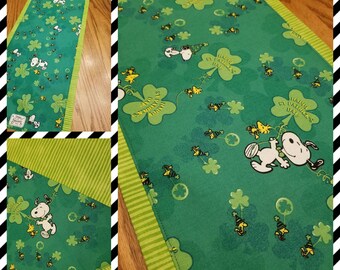 St. Patrick's Day Table Runner Snoopy & Woodstock Fabric Darling Decor or Gift Reversible Two Sides Bright Fun CoLors