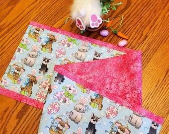 EASTER Table Runner Easter Bunny Puppies Fabric TWO Sides 2 LooKs Bright FuN Detailed CoLors Adorable SweeT Easter Decor or Hostess Gift!