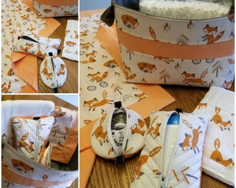 Fox Baby Nursery 5 pc GIFT Set Fox Baby Blanket, Diaper Caddy, Wipes Case, Burp Cloth & Pacifier Pod READY To SHIP! Gender Neutral Colors!