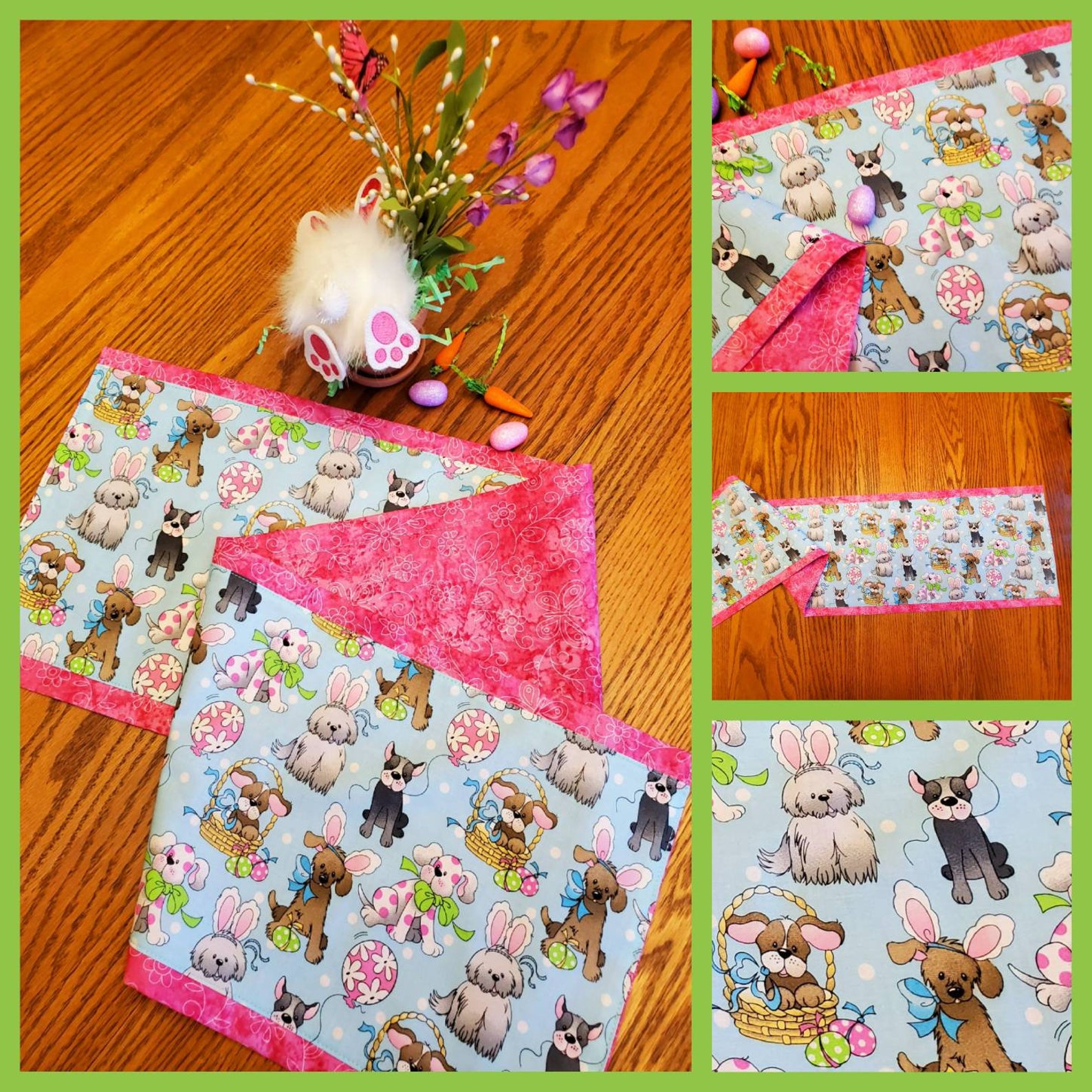 EASTER Table Runner Easter Bunny Puppies Fabric TWO Sides 2 Etsy