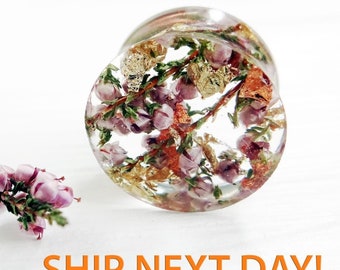 SHIP NEXT DAY Heather Resin Ear Plugs: Gold Flakes, Floral Gauges, Handmade Tunnels Unique