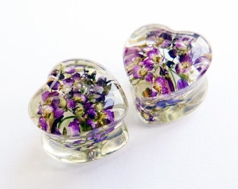 Heart plugs ear gauges and plugs 2g 0g 00g tunnels Purple flower Prom jewelry