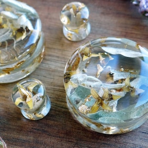 Real Olive Flower Ear Plugs: Boho Gold Gauges, Bohemian Jewelry, Wedding Bridal Plugs