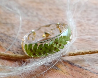 Stapelring Gold Naturringe für Frauen Versprechen Ring für sie einzigartig Jubiläum Ring für Frau Eco Harz Farn Ring Blattring Facettenring