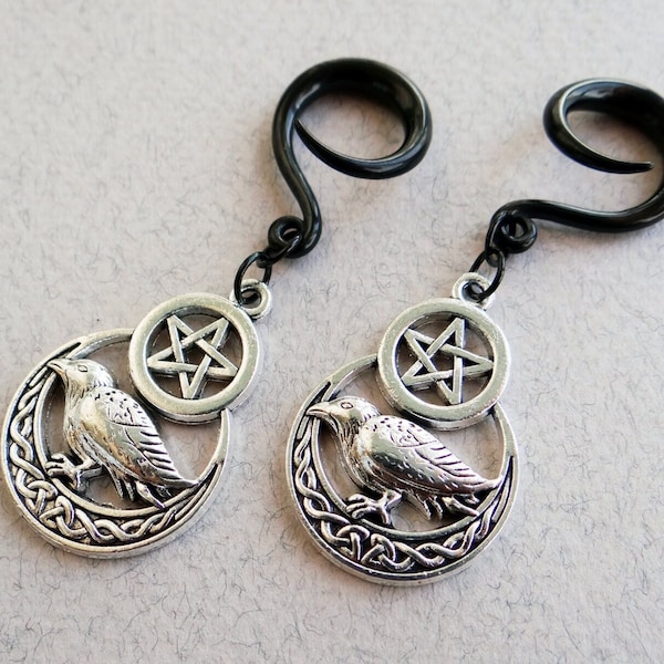 Pagan gauges Ear weights hangers Crow gauges Pentagram plugs Witch gifts for men for women Lunula earrings for stretched ears Goddess