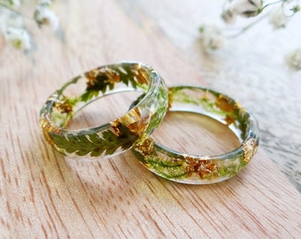 Fern ring gold Promise rings for couples Nature inspired ring eco Resin ring Engagement ring for him Band ring Stackable rings Moss ring