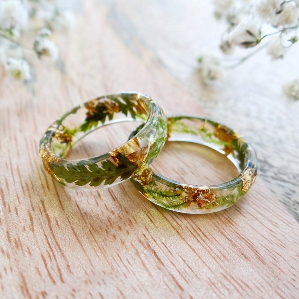 Fern ring gold Promise rings for couples Nature inspired ring eco Resin ring Engagement ring for him Band ring Stackable rings Moss ring