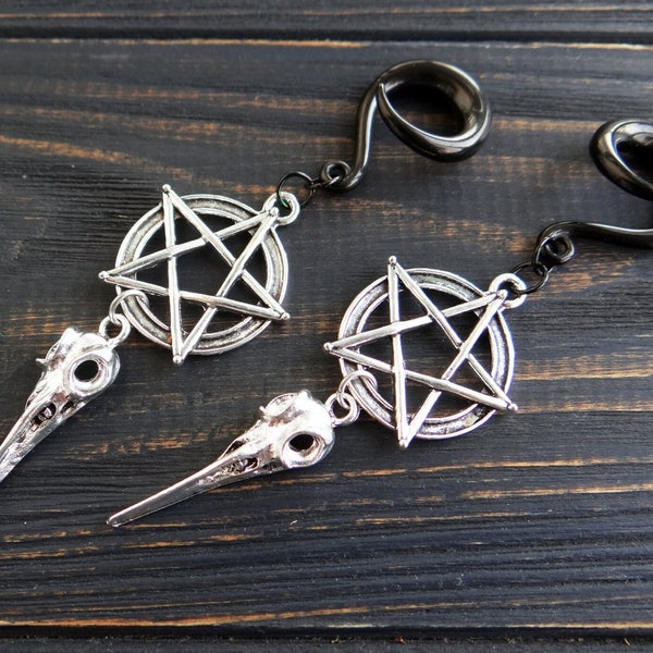 Bird scull ear weights Pentagram gauges Satanic jewelry for men Creepy Gothic gauges Raven skull 6g earrings 2g gauges 0g weights 00g hanger