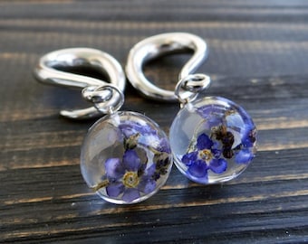 Forget me not gauges 0g Ear weights Resin earrings flower Stainless steel spiral