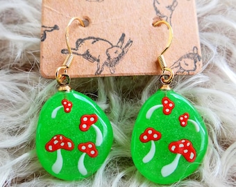 Mushroom Earrings Resin: Forest Witchy Earrings, Sterling Silver Kawaii Jewelry, Green Fairy