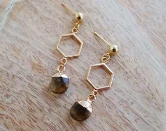 Smoky Quartz earrings Hexagon earrings Boho dangle gold earrings Modern earrings gemstone faceted Quartz crystal jewelry Made in Ukraine