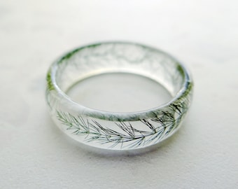 Clear resin ring Twig ring asparagus Fern ring Leaf ring band Engagement gifts for couple unique Pressed flower Promise ring for him and her