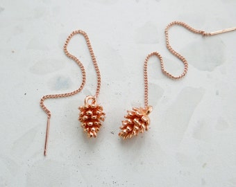 Pine cone Chain earrings Silver threader earrings Minimalist Rose gold Forest pinecone jewelry Ear threader 925 sterling silver earrings