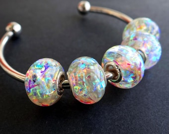 Iridescent Open Bangle Bracelet: European Style Beaded Bracelet, Aurora Charms, Resin Jewelry