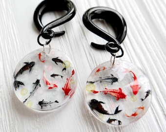 Koi Fish Dangle Gauges: Unique Spiral Ear Weights, Aquarium Fish, Resin Tunnels Handmade