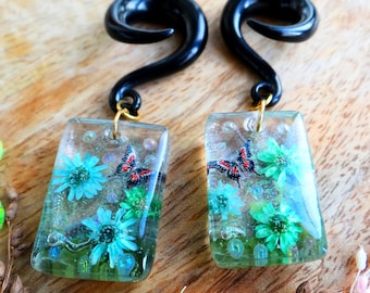 Dewdrop Nature Ear Weights: Daisy Gauges, Witchy Fairycore, Butterfly, Forest Fern, Epoxy Resin