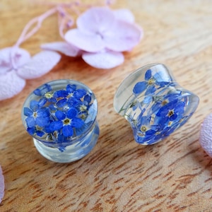 Dilatadores azules de nomeolvides: calibres de flores prensadas de 8 g - 2 pulgadas, dilatadores de resina personalizados, joyería nupcial