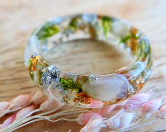 Resin Ring Flower Band: Boho Chic, Tiny shells, Forest Moss, Nature Inspired Jewelry