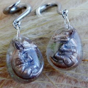 May include: A pair of silver body jewelry earrings with clear teardrop-shaped resin charms. Each charm contains a small, silver-colored dragon figurine.