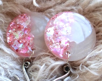 Milky Pink Ear Weights: Iridescent Dangle Gauges, Shimmer Shell, Resin Gauge Earrings