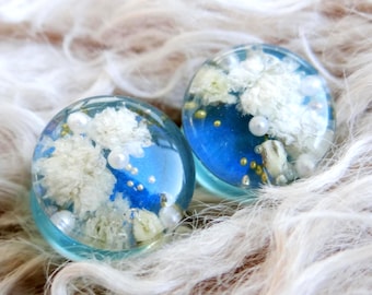 Unique Resin Plugs: Blue Ear Gauges, Floral Wedding Earrings Pearl, Shimmer Tunnels