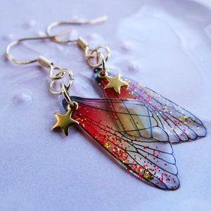 Fairy earrings Red butterfly wing earring Sterling silver Irisdescent Cicada