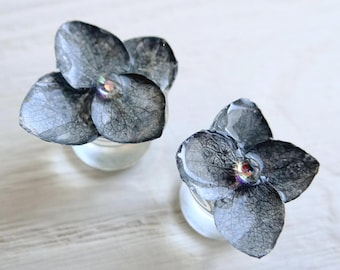 Hidden Plugs Hydrangea: Gray Crystal Earrings, Gothic Witchy Halloween Gauge, Ear Tunnels