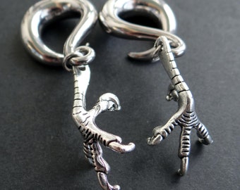 Bird Paw Dangle Ear Weights: Gothic Steel Spiral Gauges - Hen Raven Crow Halloween