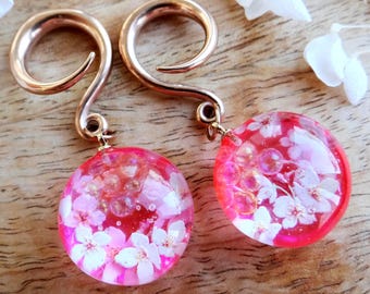 Cherry Blossom Dangle Gauges: Rose Gold, Sakura Flower Plugs, OOAK Ear Weights