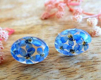 Forget Me Not Stud Earrings: Blue Flowers in Resin, Sterling Silver, Bohemian Jewelry