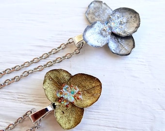 Dainty Steel Necklace: Hydrangea, Minimalist Jewelry, Boho Charm Flower, Iridescent Resin Pendant, Christmas Necklace