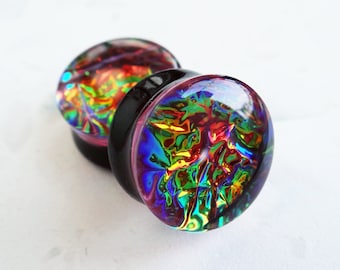 Rainbow gauges Iridescent plug earring Nebula Fire opal Galaxy Aurora Borealis
