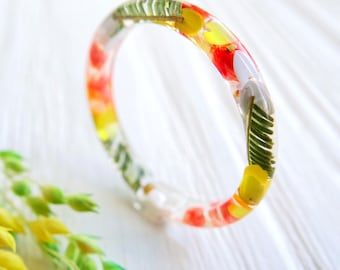 Mimosa Thin Resin Ring: Rainbow Stacking Ring, Promise Gift, Real Leaf Jewelry
