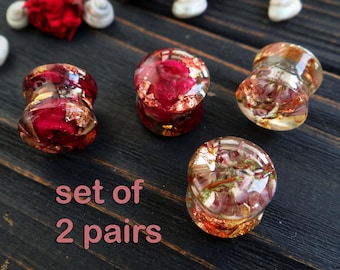 HEATHER & Red ROSE Gauges Set: Valentine's Day Romantic, Resin Tunnels, Anniversary Gift Couple