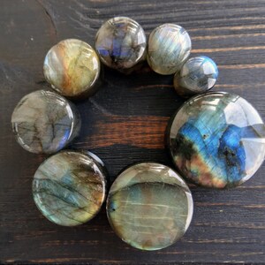 Labradorite plugs and tunnels Moonstone plug 00 gauges Organic Stone plug 1 inch plug earrings 00g plugs Stone gauges and plugs Gemstone image 2