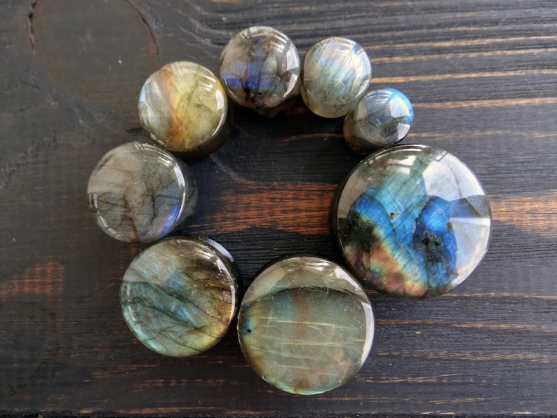 Labradorite plugs and tunnels Moonstone plug 00 gauges Organic Stone plug 1 inch plug earrings 00g plugs Stone gauges and plugs Gemstone image 2