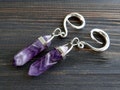 Amethyst gauges dangle earrings Ear hangers for stretched ear weights 2g Crystal gauges February birthstone Gothic Witch earrings 6g tunnels