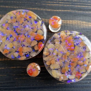 Jade plugs and tunnels Aventurine plugs gauges Sparkle plugs Resin plug 0g plugs 00g plugs Double flared Purple Orange Iridescent ear gauges