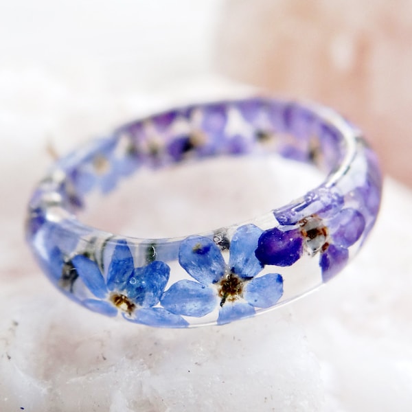 Forget-me-not ring Nature ring Promise ring for couple Forest ring Resin ring Engagement ring women Wedding bands his and hers Stacking ring