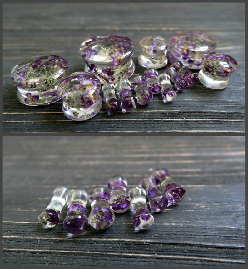 May include: A set of clear acrylic ear gauges with purple pressed flowers inside. The gauges are in various sizes and are arranged on a dark wooden surface.