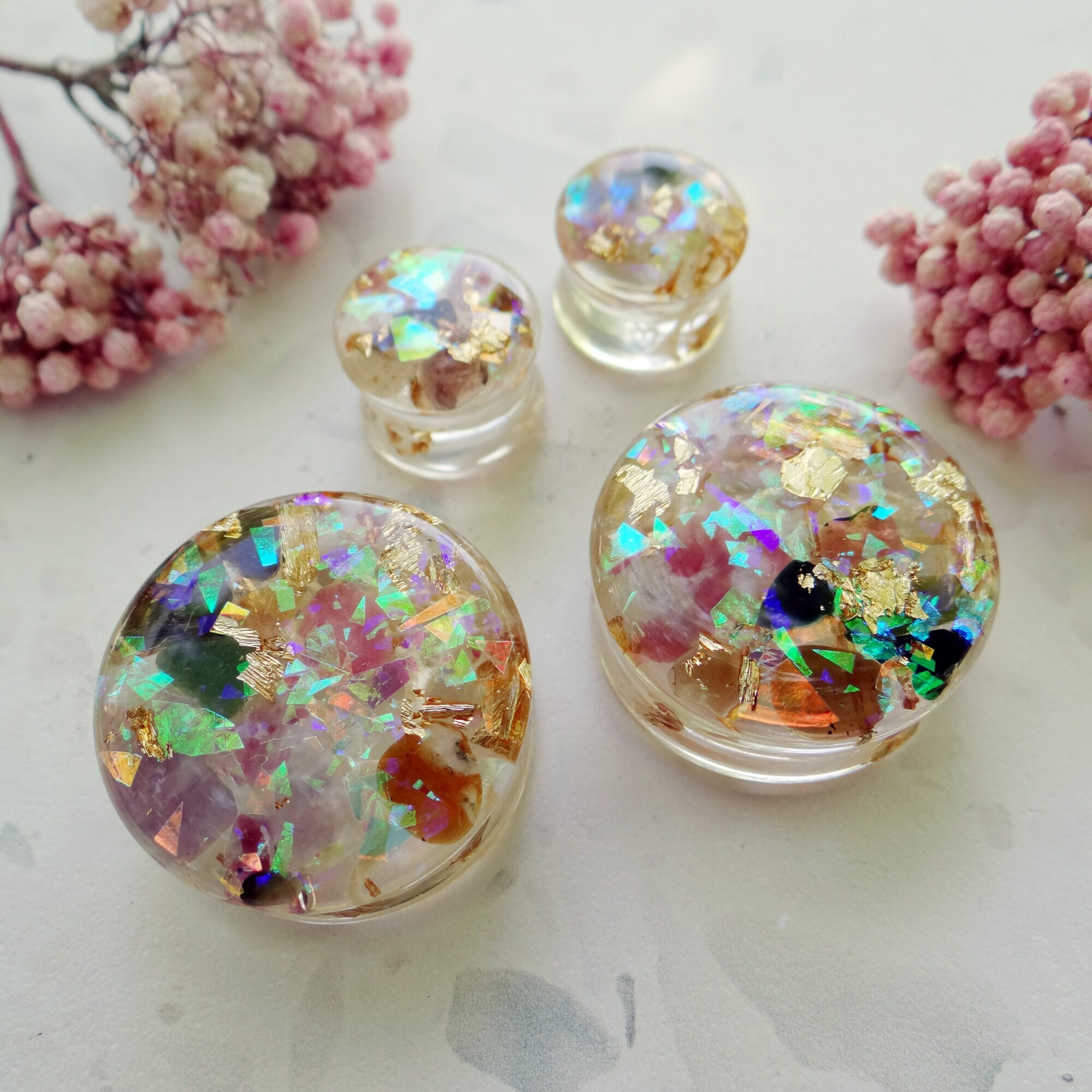 Iridescent gauges Fairytale Watermelon Tourmaline Resin plug earrings 0g jewelry 00g plugs Gemstone gauges fairy elf magic 10mm plugs 2 inch