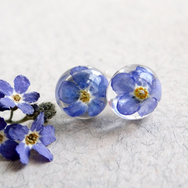 Forget me not earrings Nature earrings studs Minimalist earrings Smth blue for bride Resin earrings Dried Flower earrings Floral earrings