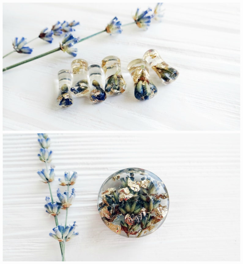 Dried lavender Bridal plugs Boho jewelry Gold wedding gauges 2g wedding plugs 0g plug 00g 2 inch Real flower plug Resin plug Floral ear plug image 9