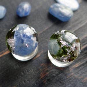 Blue Kyanite Stone Plugs: Resin Gauges with Silver Flakes, Forest Mountains, Organic, Double Flare