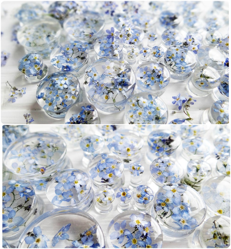 Forget me not blue flower plug earrings resin ear plug wedding plugs pressed flower wedding gauge ear tunnel terrarium jewelry 19mm 4g 2g 0g image 6