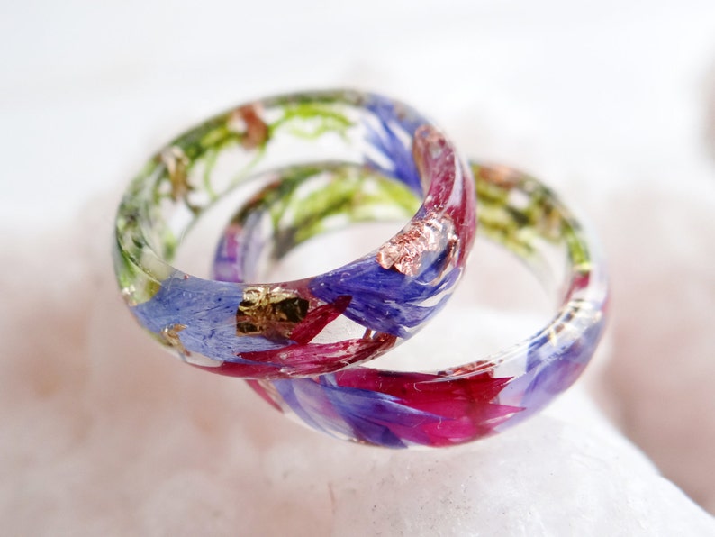 Cornflower ring Resin ring Pressed flowers Stacking rings Nature engagement rings for women Promise ring for him Anniversary ring for wife image 1