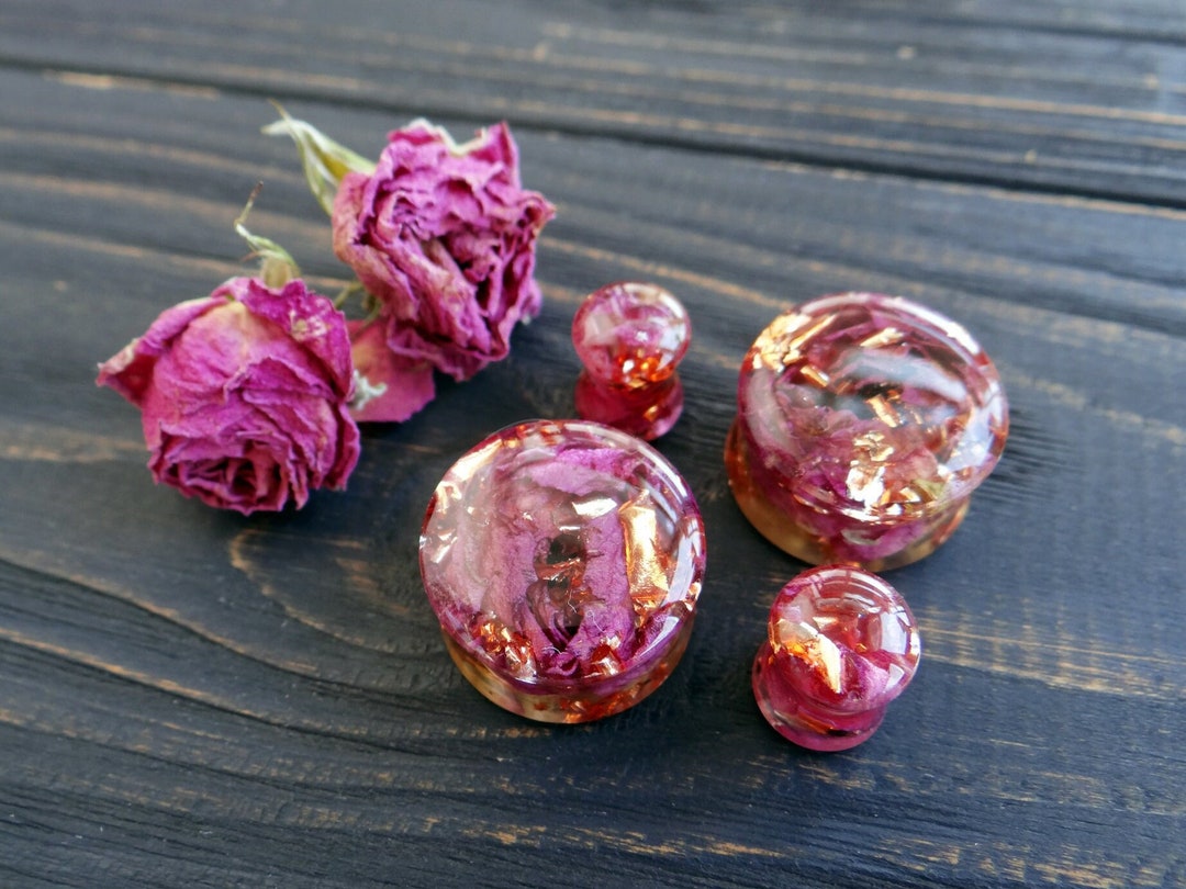 Purple Rose Gold Gauges Plug Earrings 4g Plugs 2g Earrings Real Flower Plugs Rose Plugs Size 0