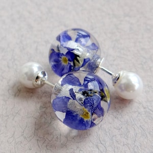 Double earrings Forget me not earrings Mother of pearl earring Silver ear jackets Front back earring Double ball pearl earring Resin earring